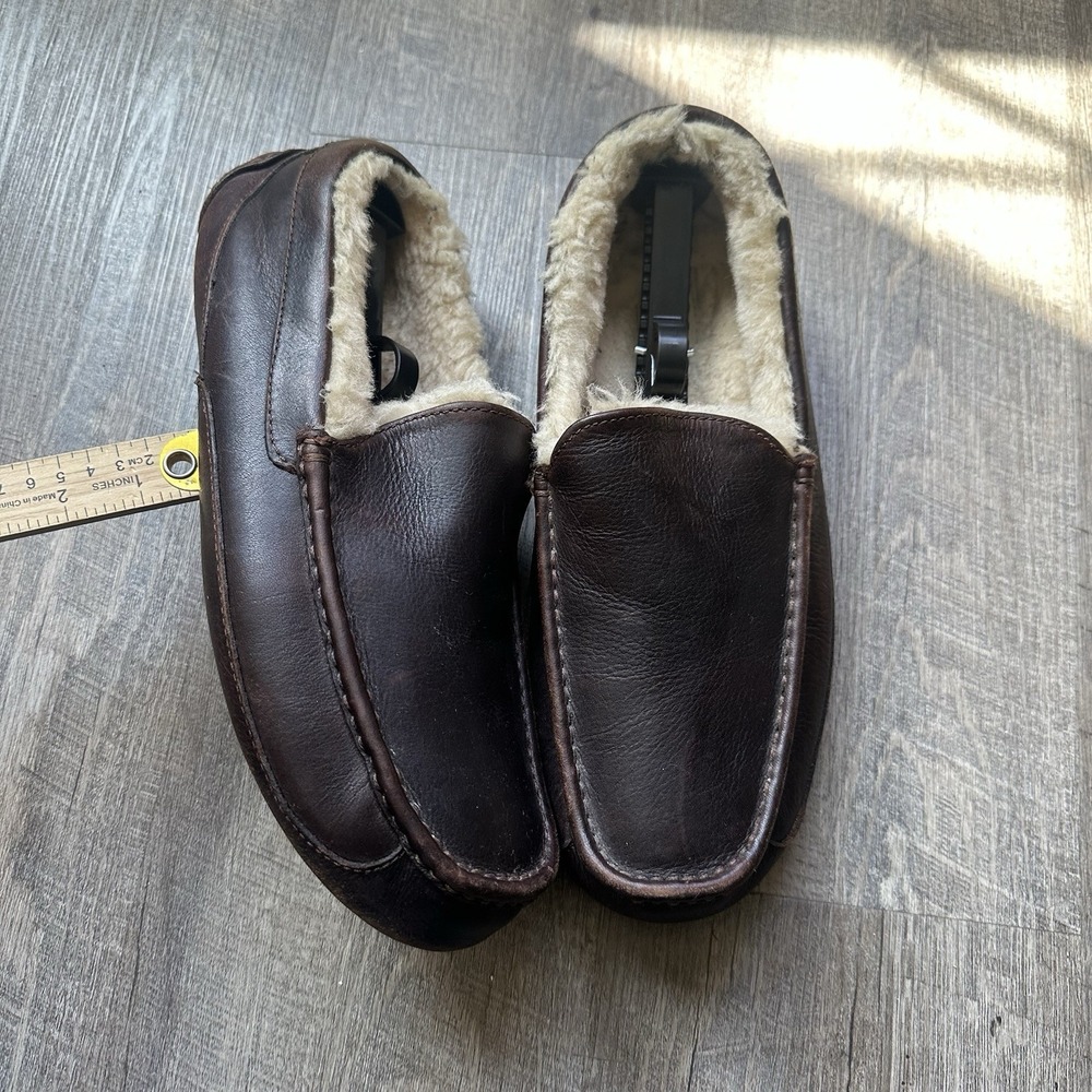 UGG Ascot Mens Brown Leather Sheepskin Lined‎ Slippers Loafers 5379 Size 13